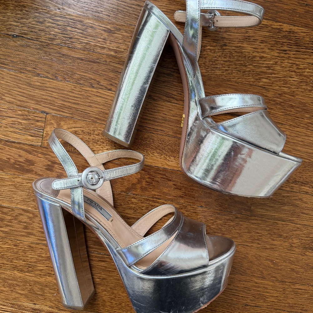 Prada Metallic Silver Platform Sandals Block Heel Ankle Strap – Size 37.5 - Picture 2 of 5